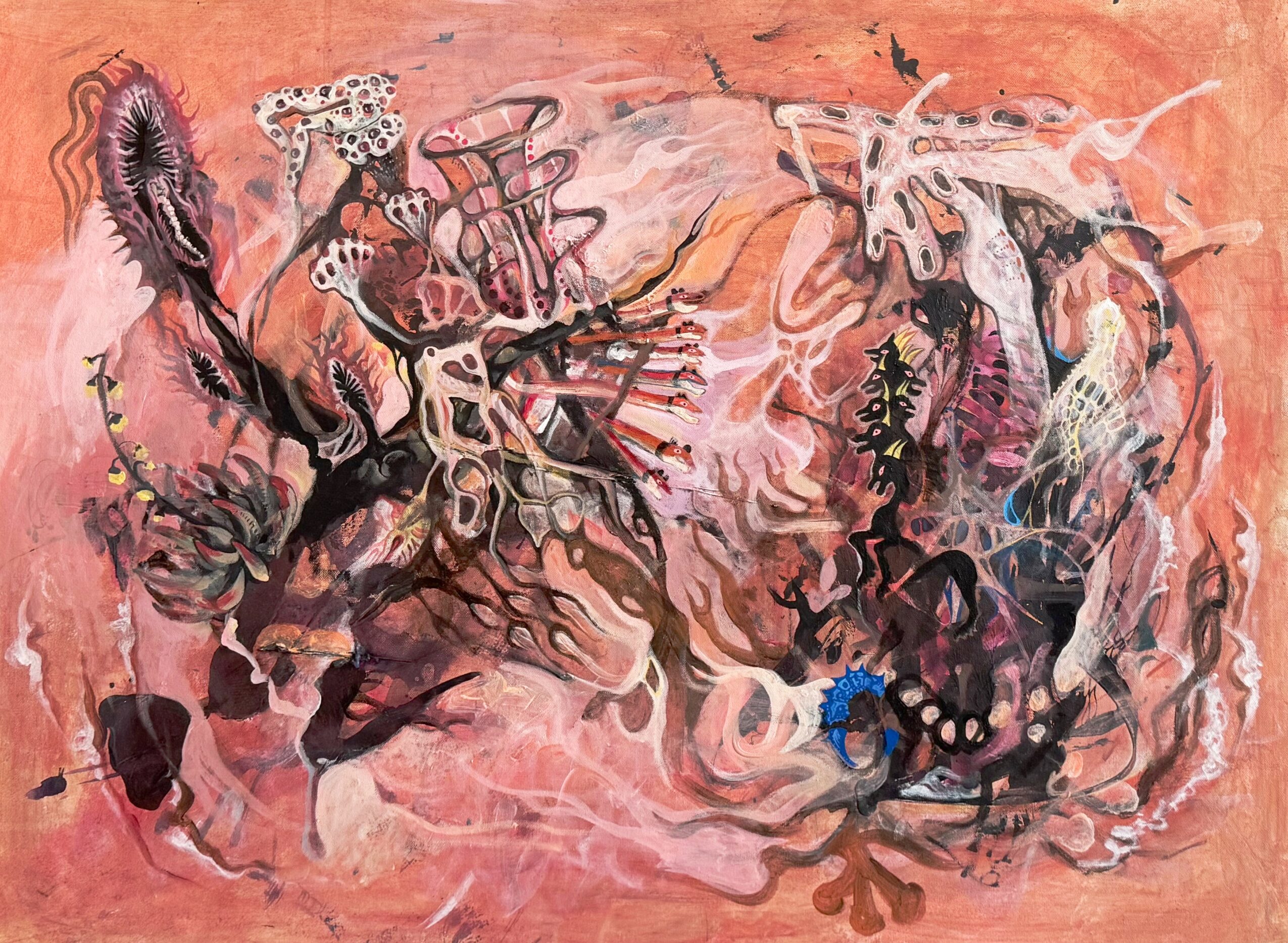 Abstract painting with organic shapes and lines in pink, black, white, and blue colors.
