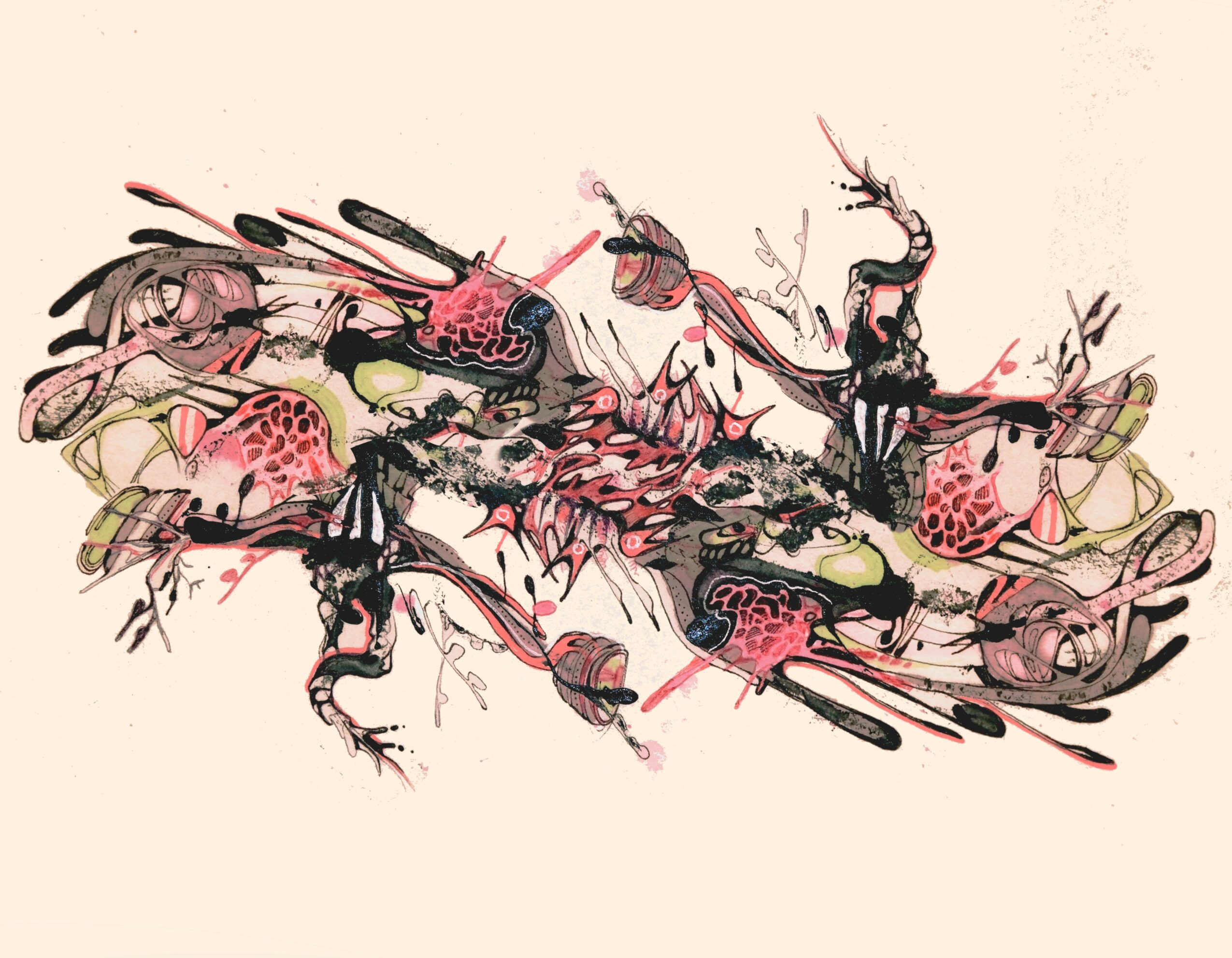 Abstract illustration with pink, black, and beige colors, featuring organic shapes and lines, on a light background.