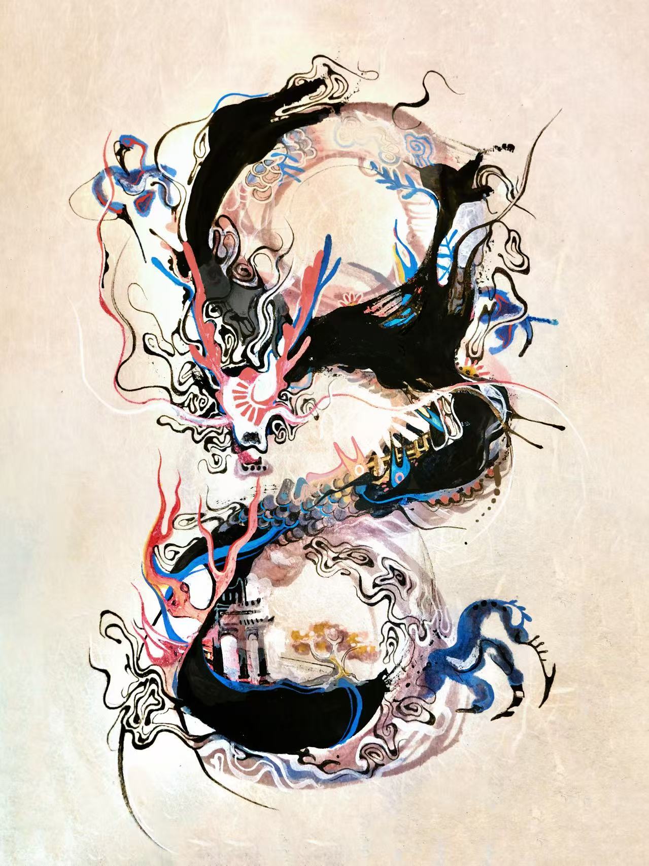 Abstract ink and watercolor artwork with black, blue, and red swirling lines and shapes on a light background.