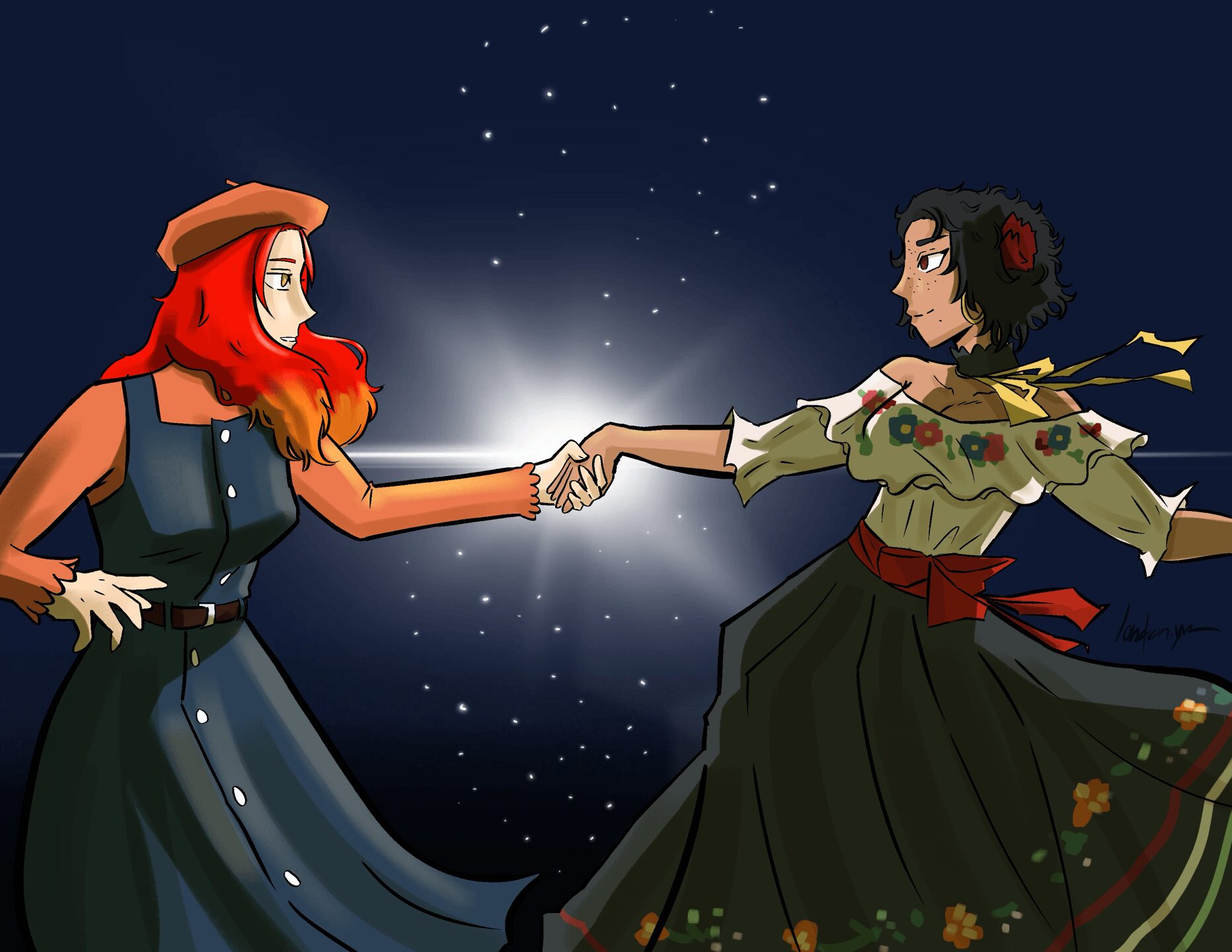 Two women in dresses shake hands against a starry night sky, one with red hair and the other with dark hair and a flower in her hair.
