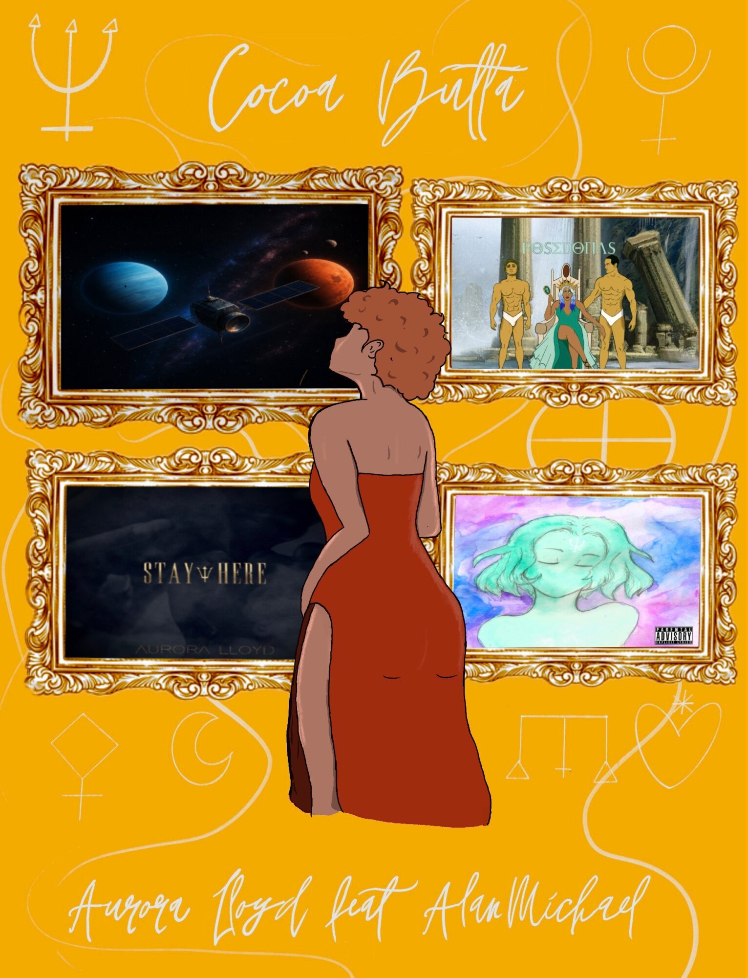 A woman with curly hair in a red dress stands in front of four framed images on an orange background. Text reads 'Color Birth' and 'A woman Lord first Ah-Makuf'.