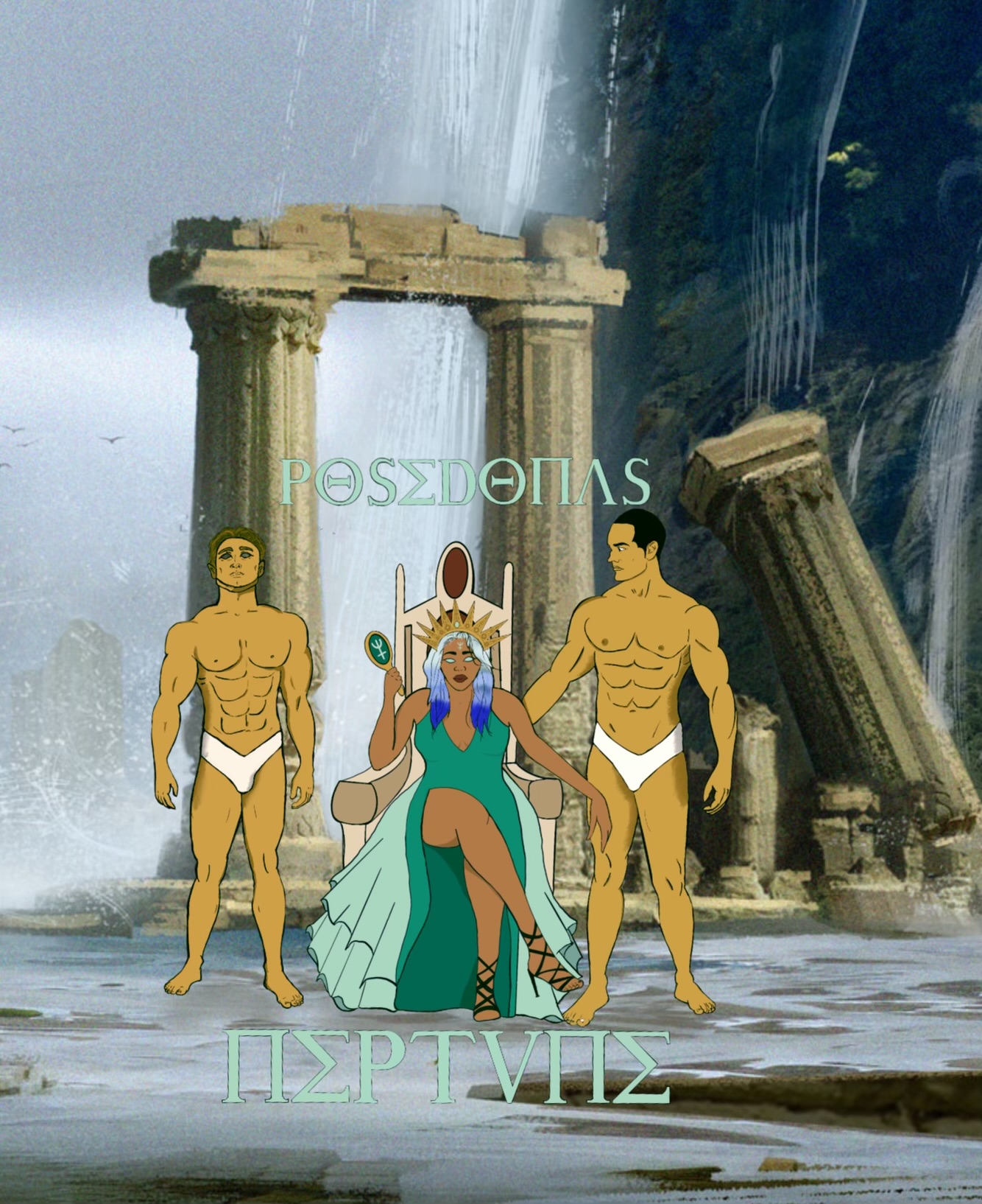 A woman seated on a throne with two muscular men standing beside her, ancient ruins and waterfalls in the background.