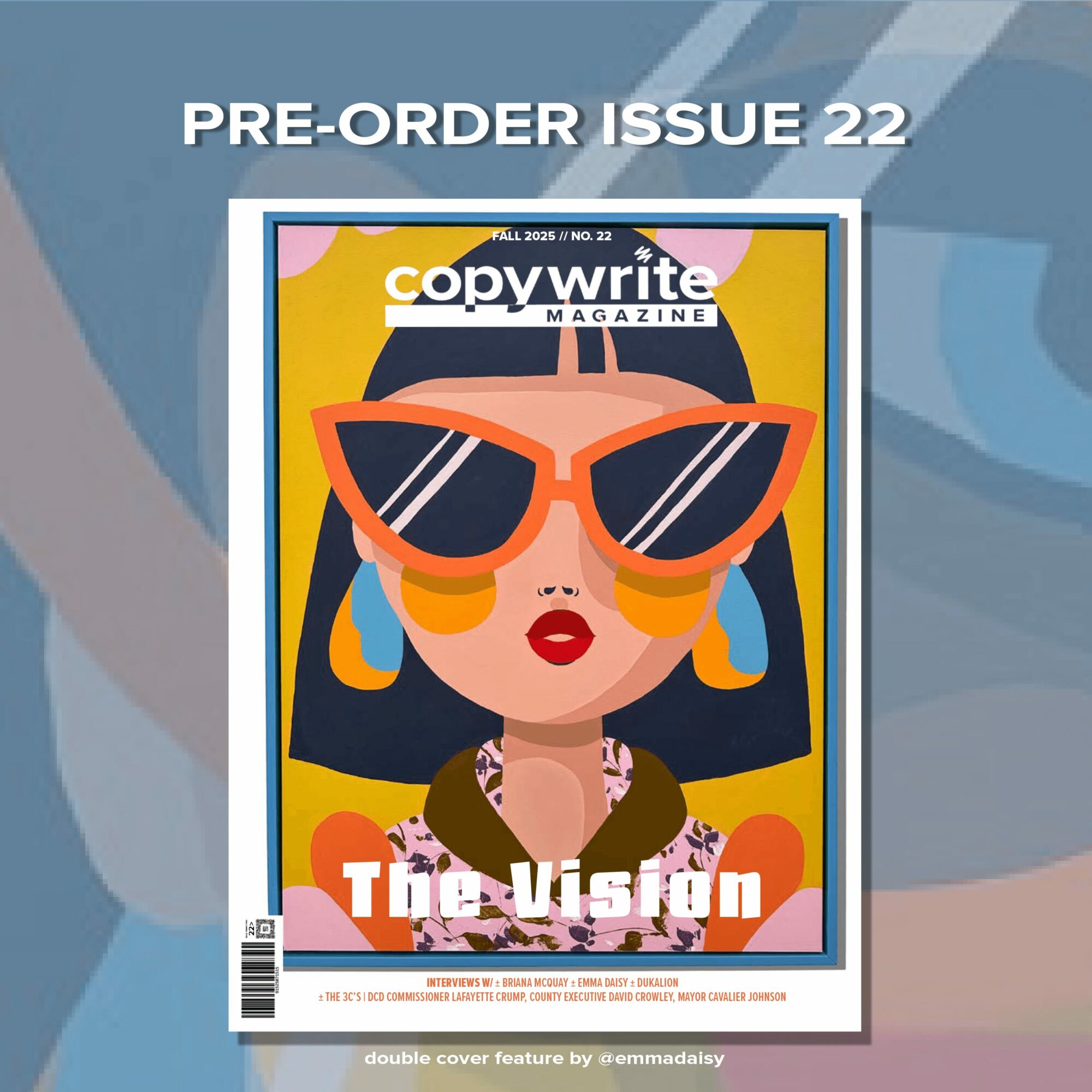 Magazine cover featuring a stylized illustration of a woman with large sunglasses, earrings, and bold makeup, with text and colorful background.