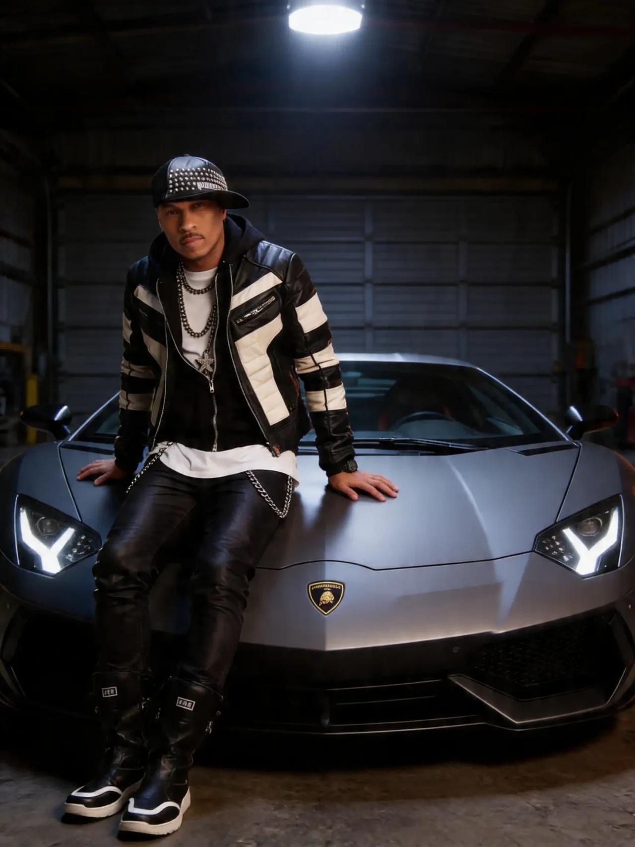 Person wearing a hat and striped jacket leaning on a silver sports car in a dimly lit garage.