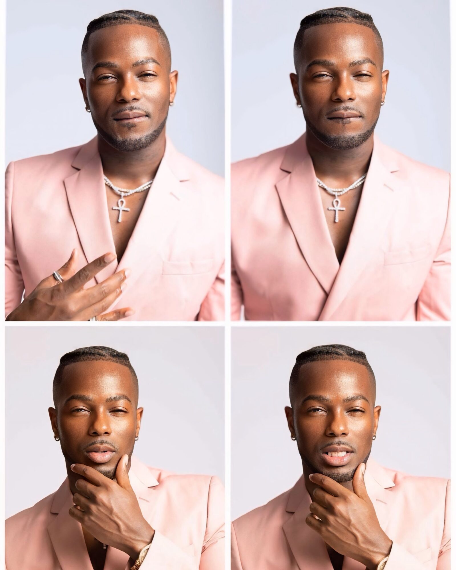 Four images of a man in a pink suit with a necklace, posing with different facial expressions and hand gestures.