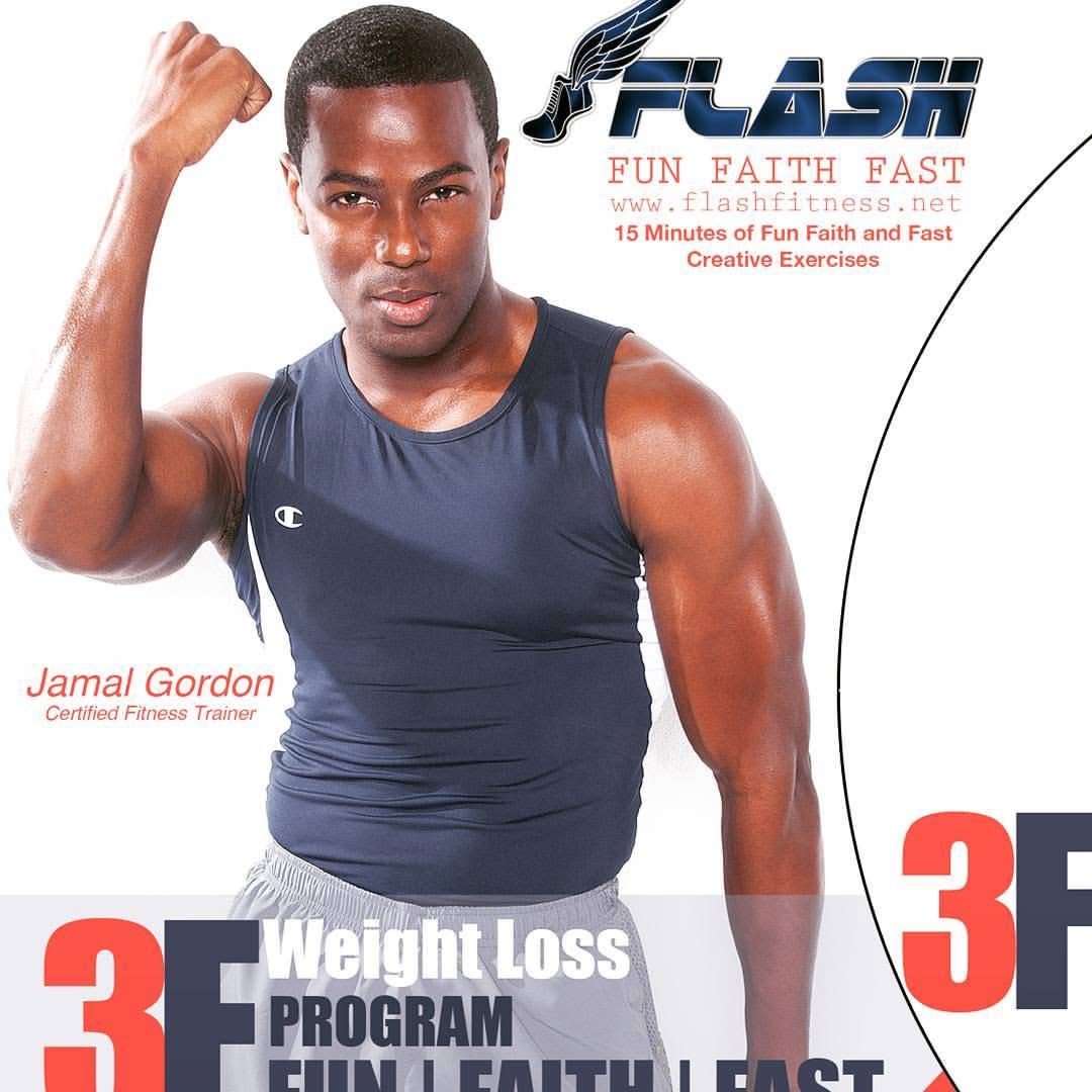 Young man in athletic wear flexing arm muscles, standing confidently, with text about weight loss program and trainer's name.