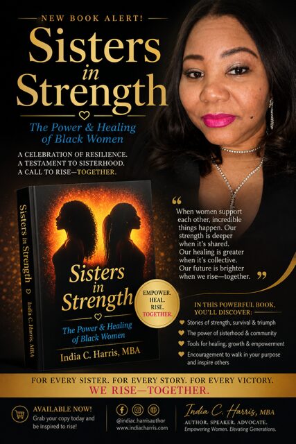 Book cover titled 'Sisters in Strength' featuring a woman with dark hair and pink lipstick, with silhouettes of two women in the background.