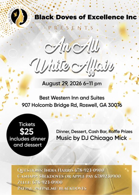 Event poster for An All Write Affair, August 29, 2026, 6-11 pm, at Best Western Inn, Roswell, Georgia, with ticket info.