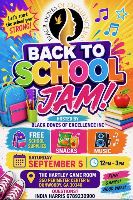 Colorful back-to-school event poster with school supplies, apple, books, and musical notes, promoting a jam event on September 5 from 12-3 pm.