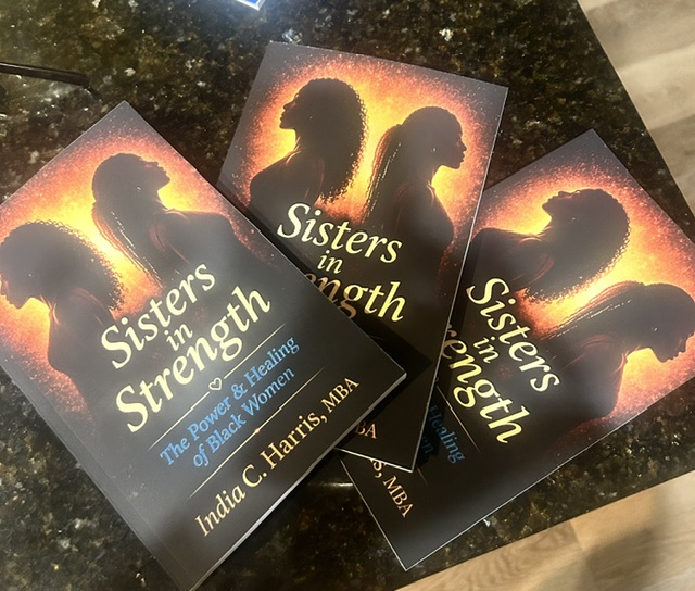 Three book covers with silhouettes of two women against a sunset background, titled 'Sisters in Strength,' by India C. Harris, MBA.