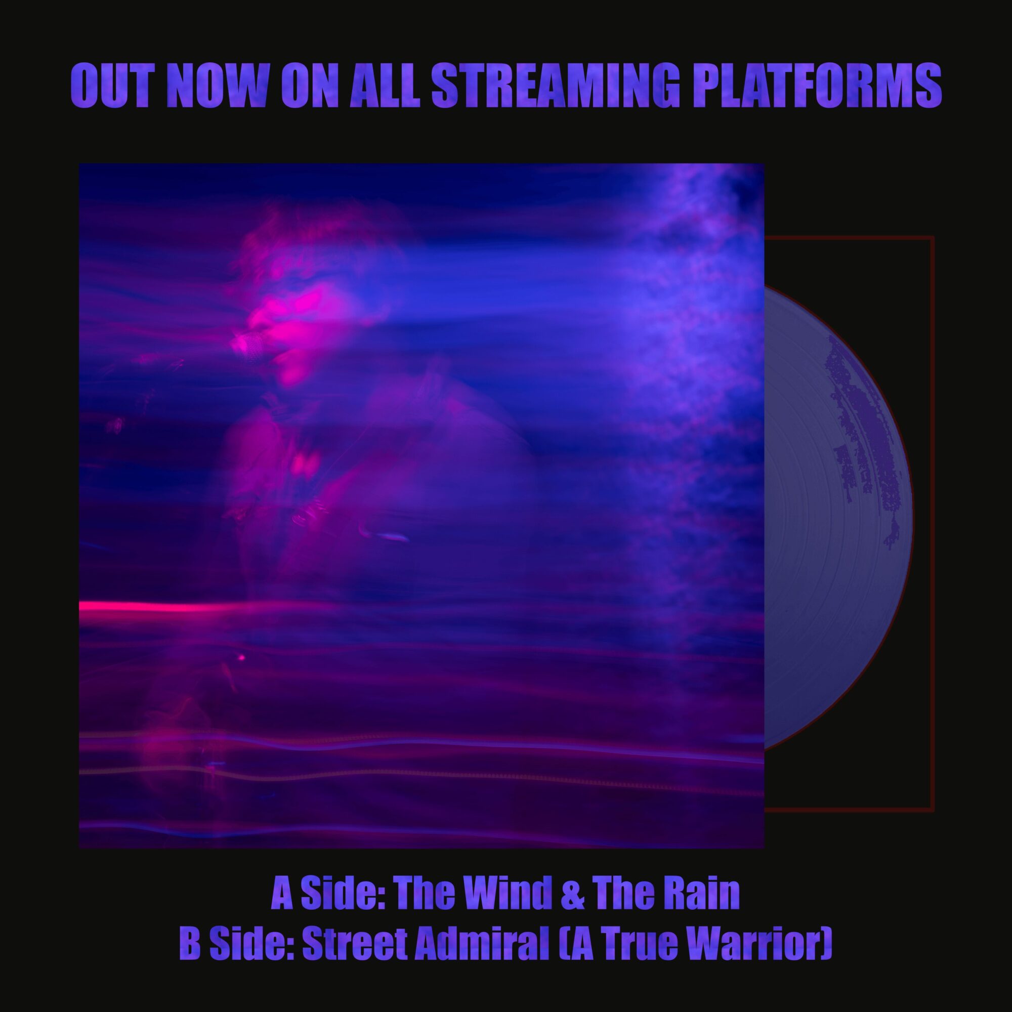 Promotional poster with purple and pink clouds, text about streaming platforms, and album details, on a black background.