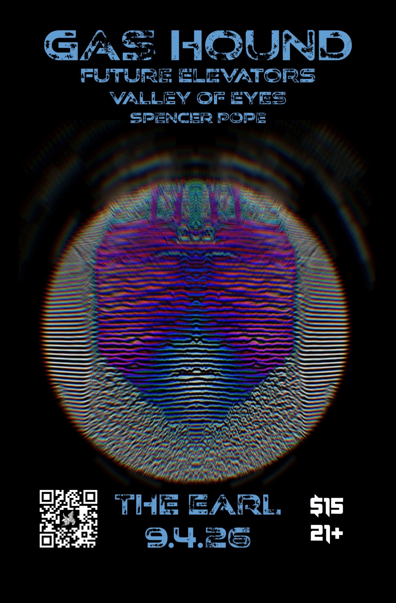 Event poster with a circular, colorful design, text about Gas Hound and event details, including date, location, and price.