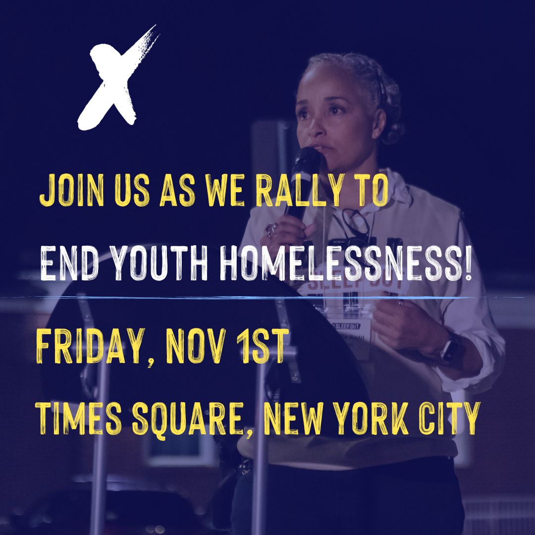 A young girl speaking at a rally with text about ending youth homelessness on a dark background.