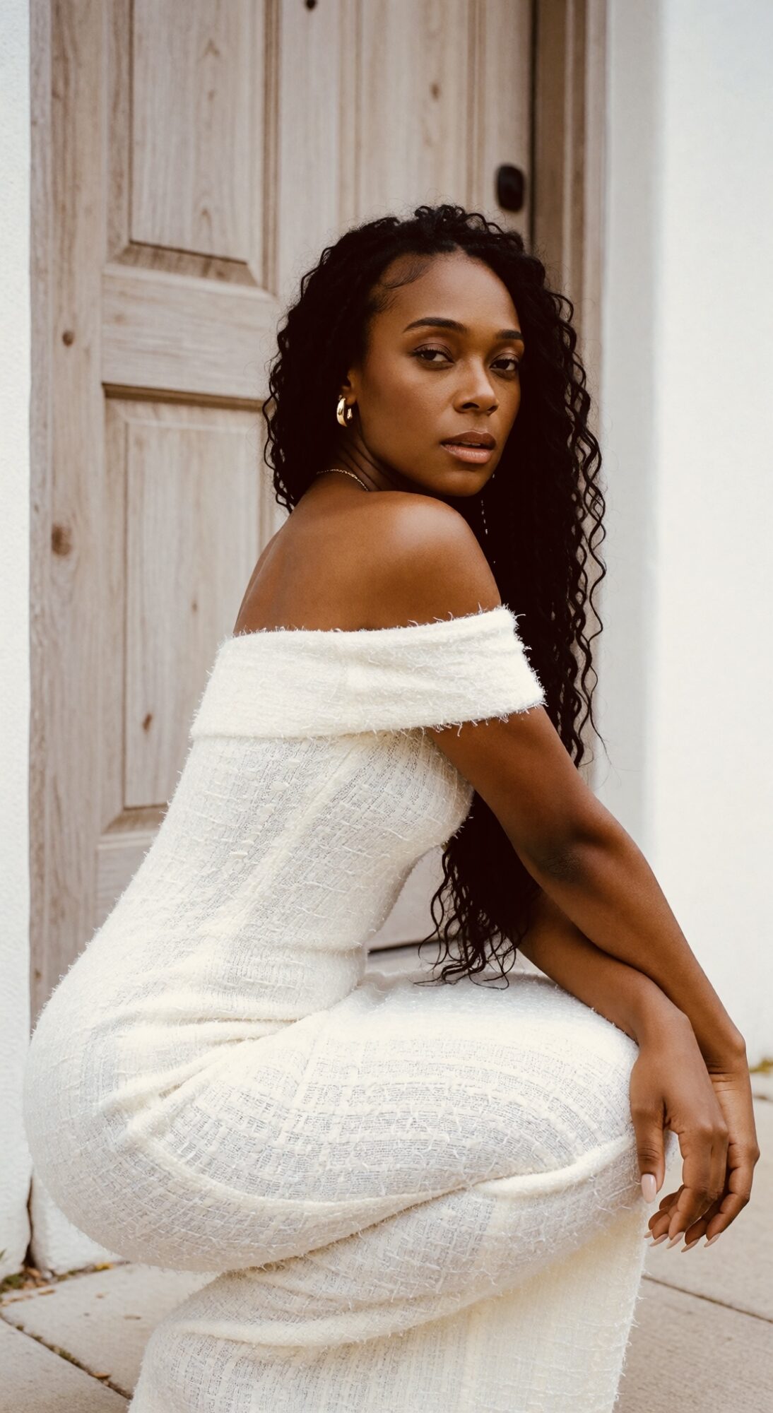Woman with long curly hair in a white off-shoulder dress sitting against a wooden door.