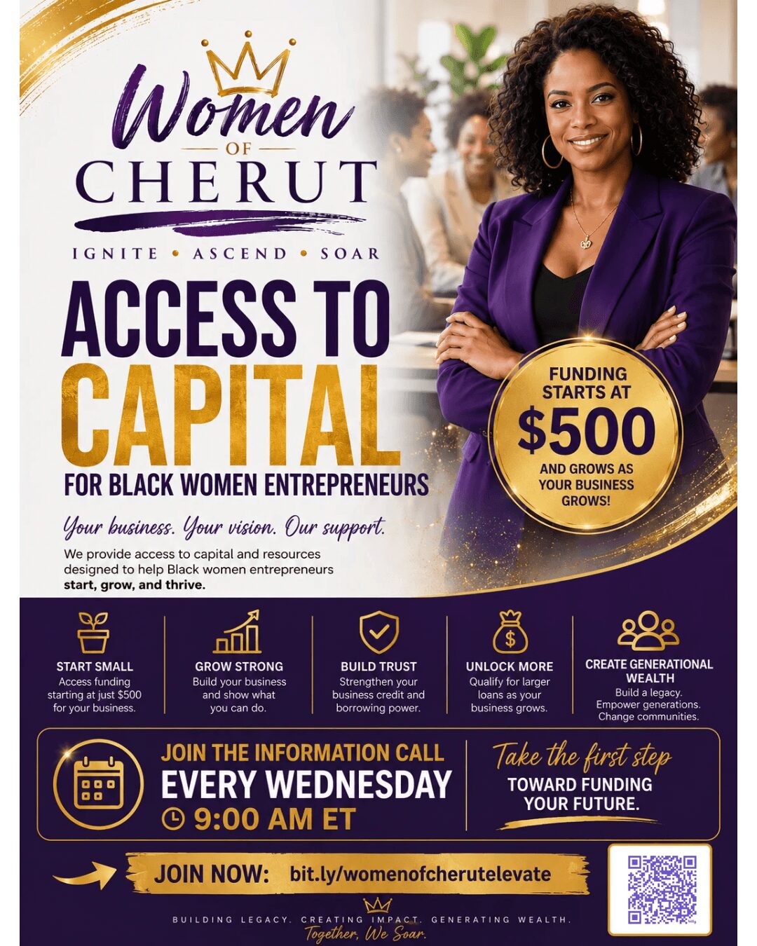 Woman smiling in purple blazer at a women entrepreneurship event, with text about access to capital and funding opportunities.