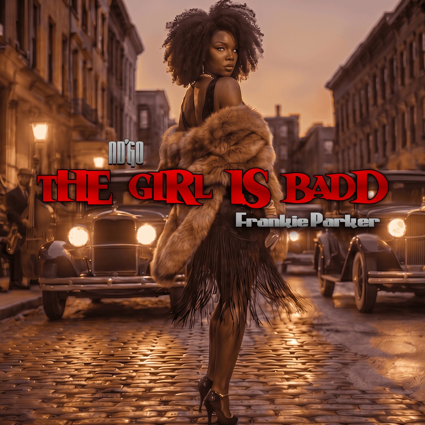 A woman with curly hair stands on a cobblestone street at sunset, wearing a fur coat and high heels, with vintage cars behind her.