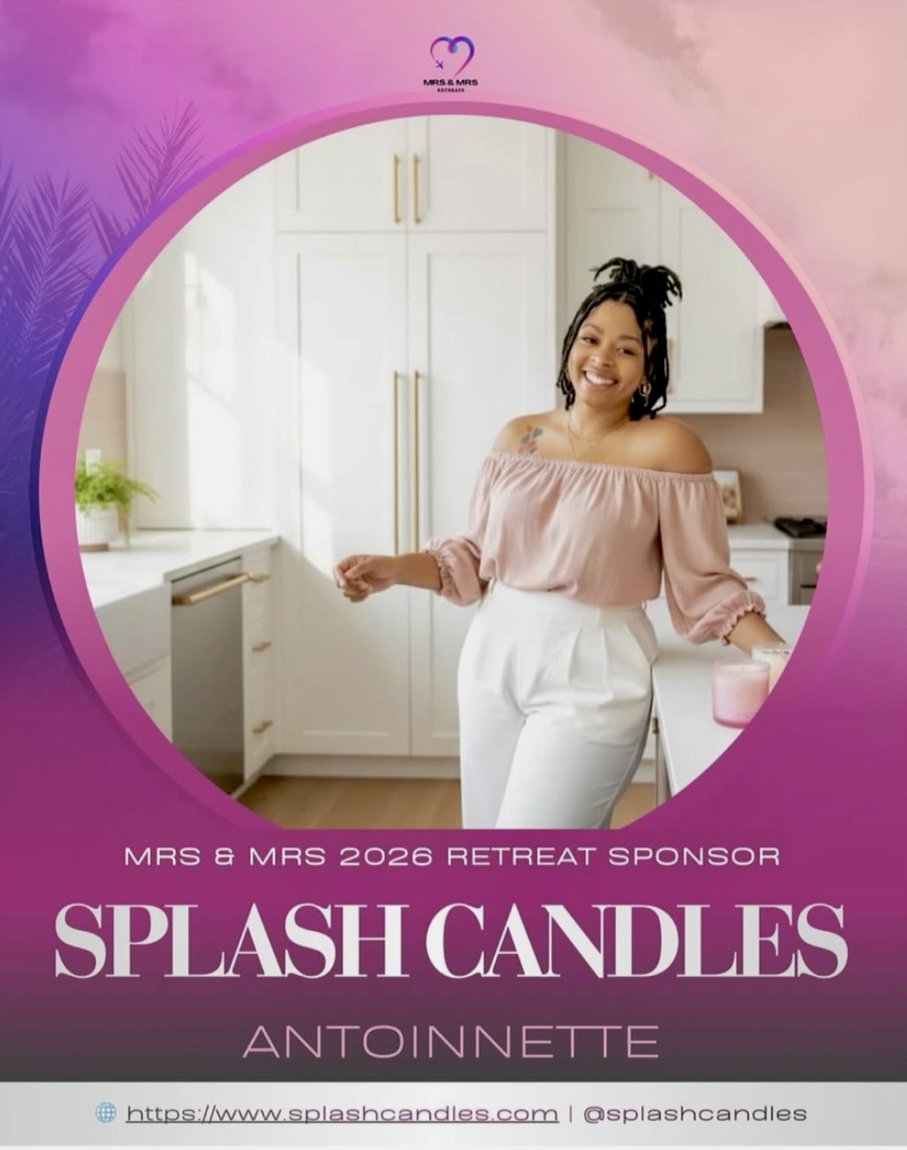 Smiling woman in off-shoulder top and white pants in a bright kitchen, seen through a circular mirror with pink background.