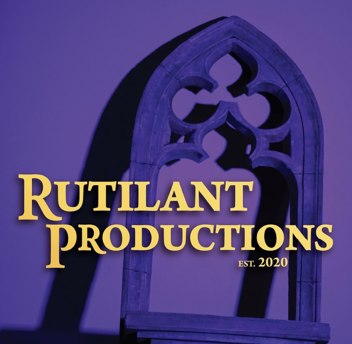 Decorative wooden window frame with shadow, purple background, and yellow text reading 'Rutilant Productions EST. 2020'.