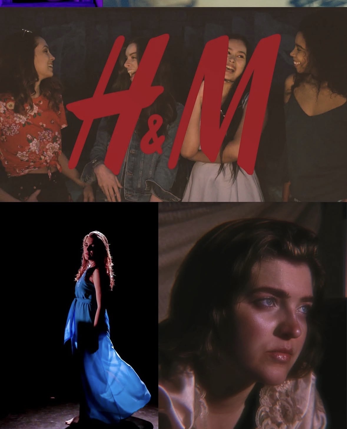 Group of women and a girl in a H&M advertisement, one woman in a blue dress, close-up of a woman with dark hair and makeup.