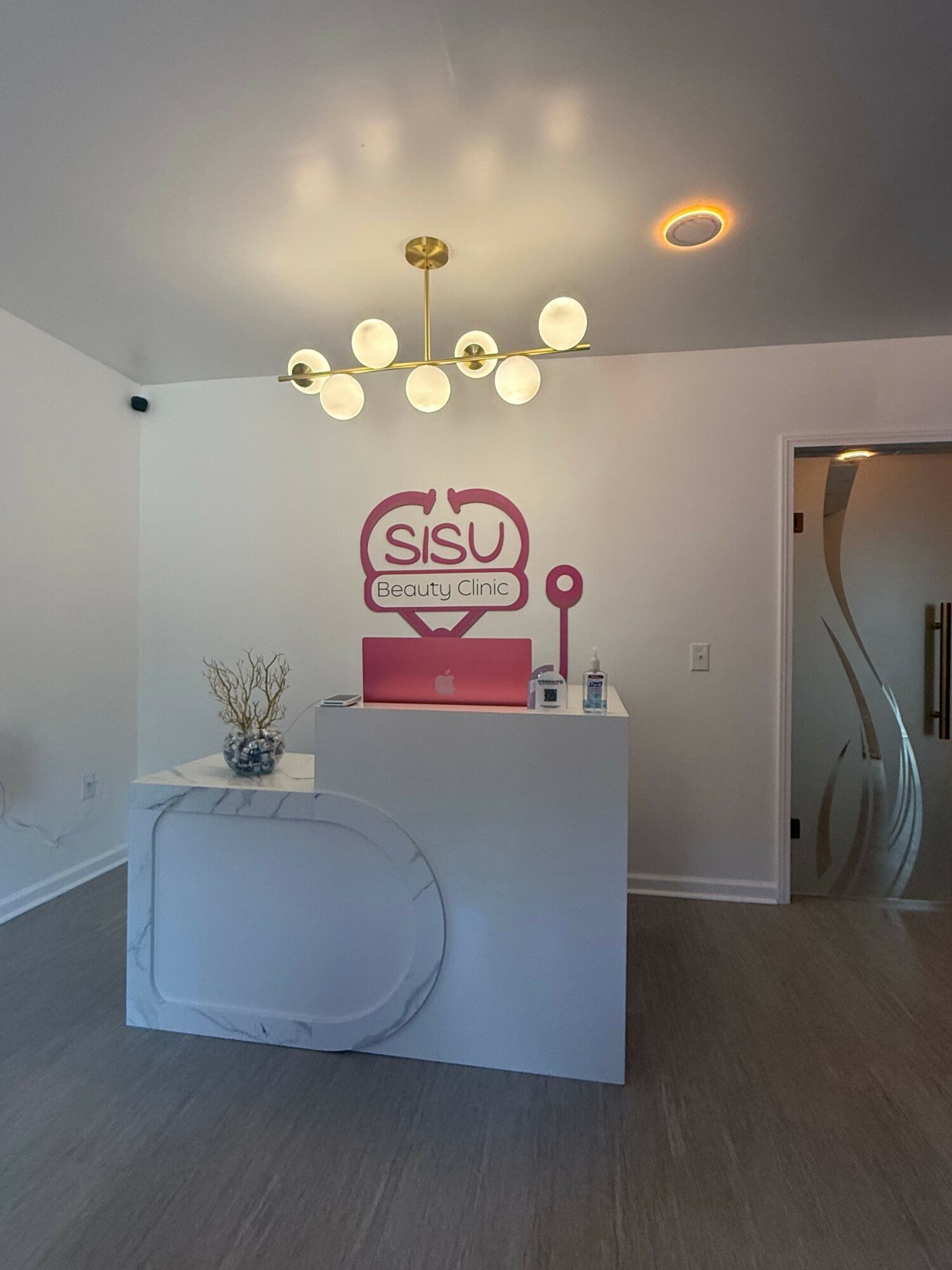 Room with SSU logo on wall, white table, and a potted plant, viewed from the side, with ceiling light fixture.