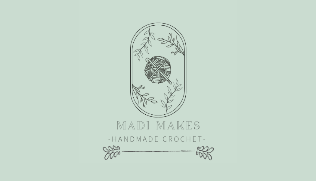 Logo with a hexagon crochet pattern surrounded by leaves, text reads 'MADI MAKES Handmade Crochet', with decorative lines below.