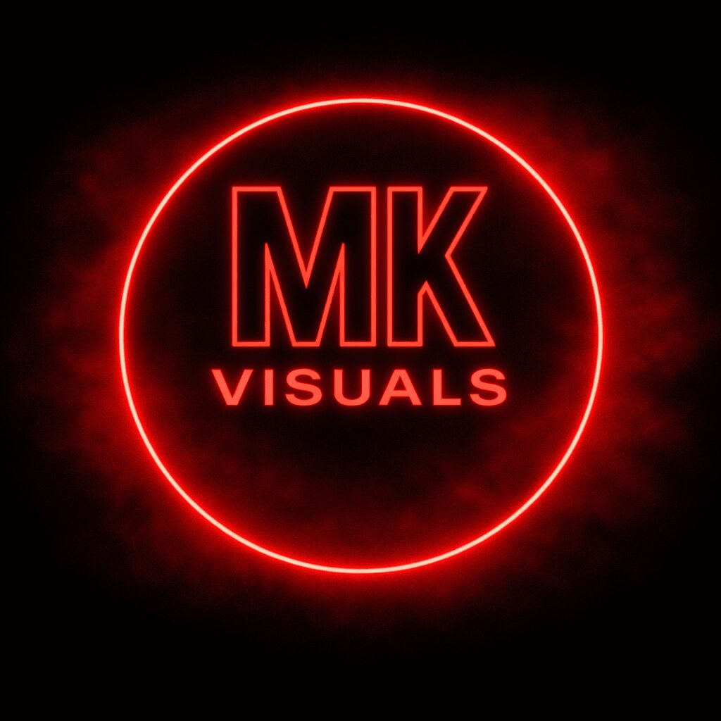 Red neon circle with MK VISUALS text inside, glowing against a black background.