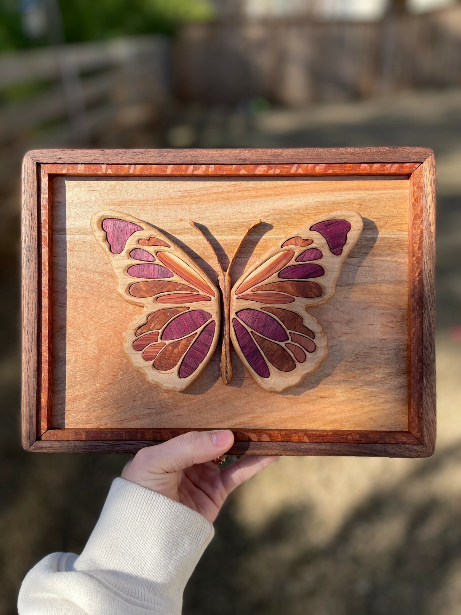Person holding a wooden box with a colorful butterfly design inside, outdoors with blurred background.