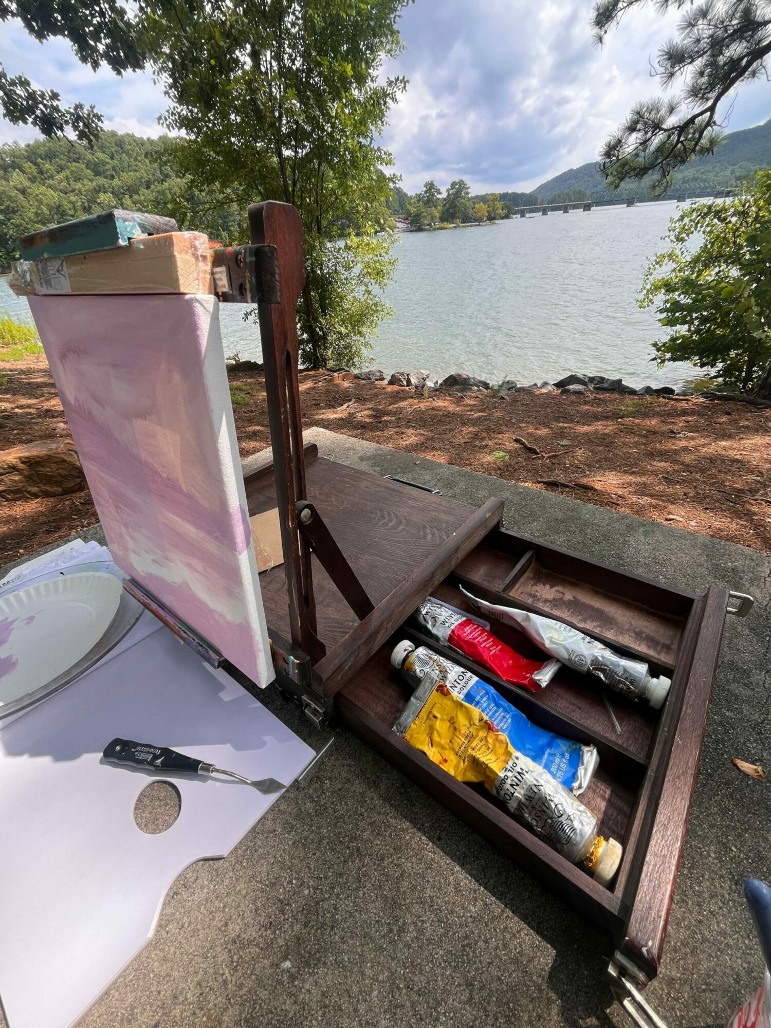 A wooden outdoor cabinet with bottles and cans, placed on a concrete surface near a lake with trees and sky.