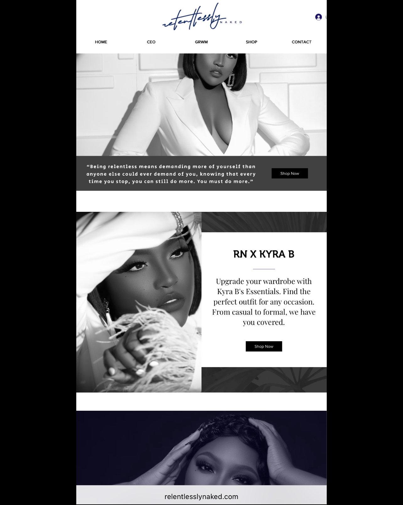Black and white images of a woman with text about beauty and skincare products, with a website URL at the bottom.