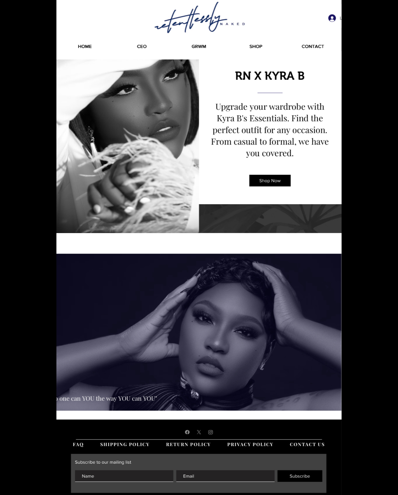 Black and white website homepage with images of women, text about wardrobe upgrade, and navigation menu.