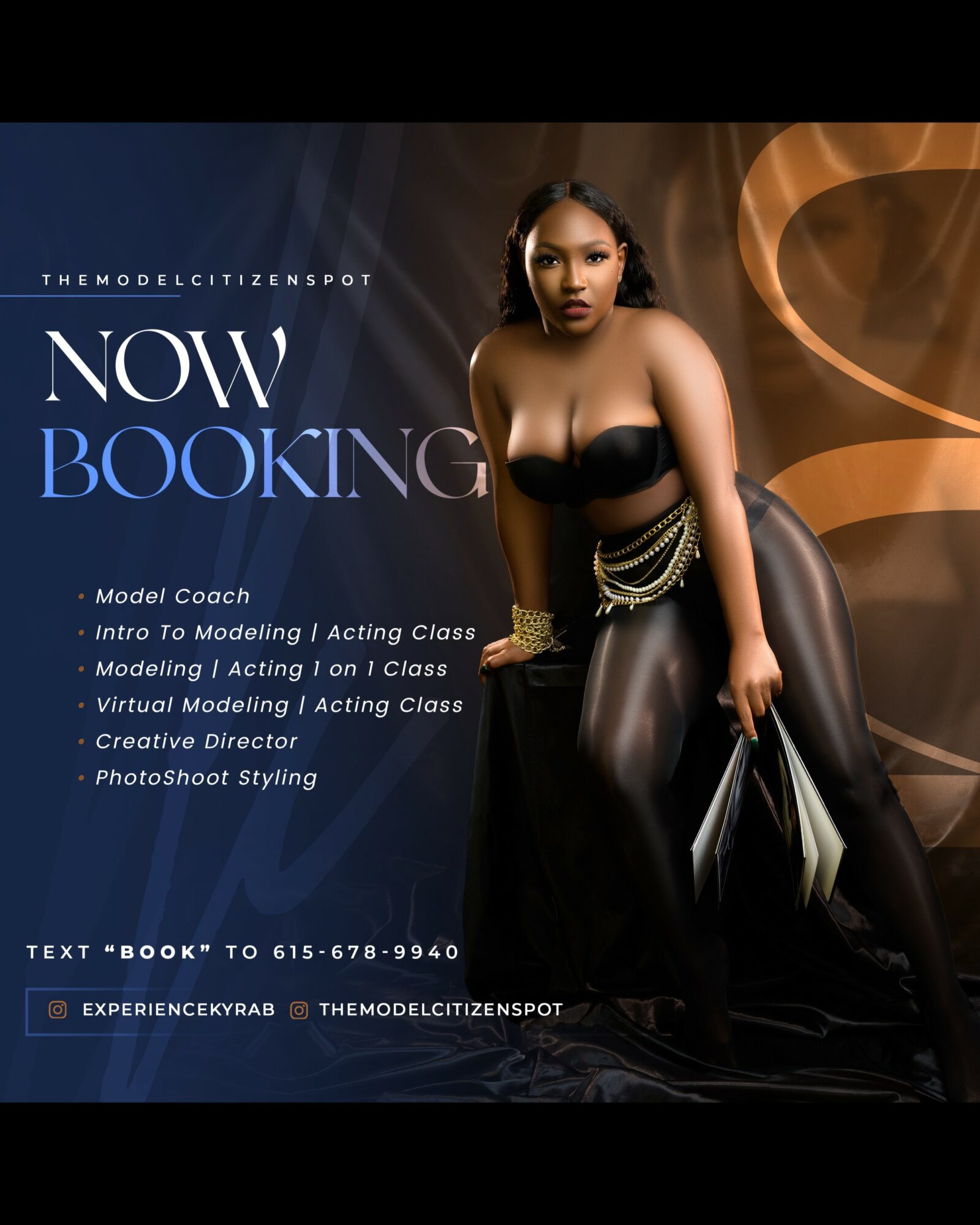 Woman in black dress sitting against a dark background with orange light accents, promotional text for modeling classes and booking.