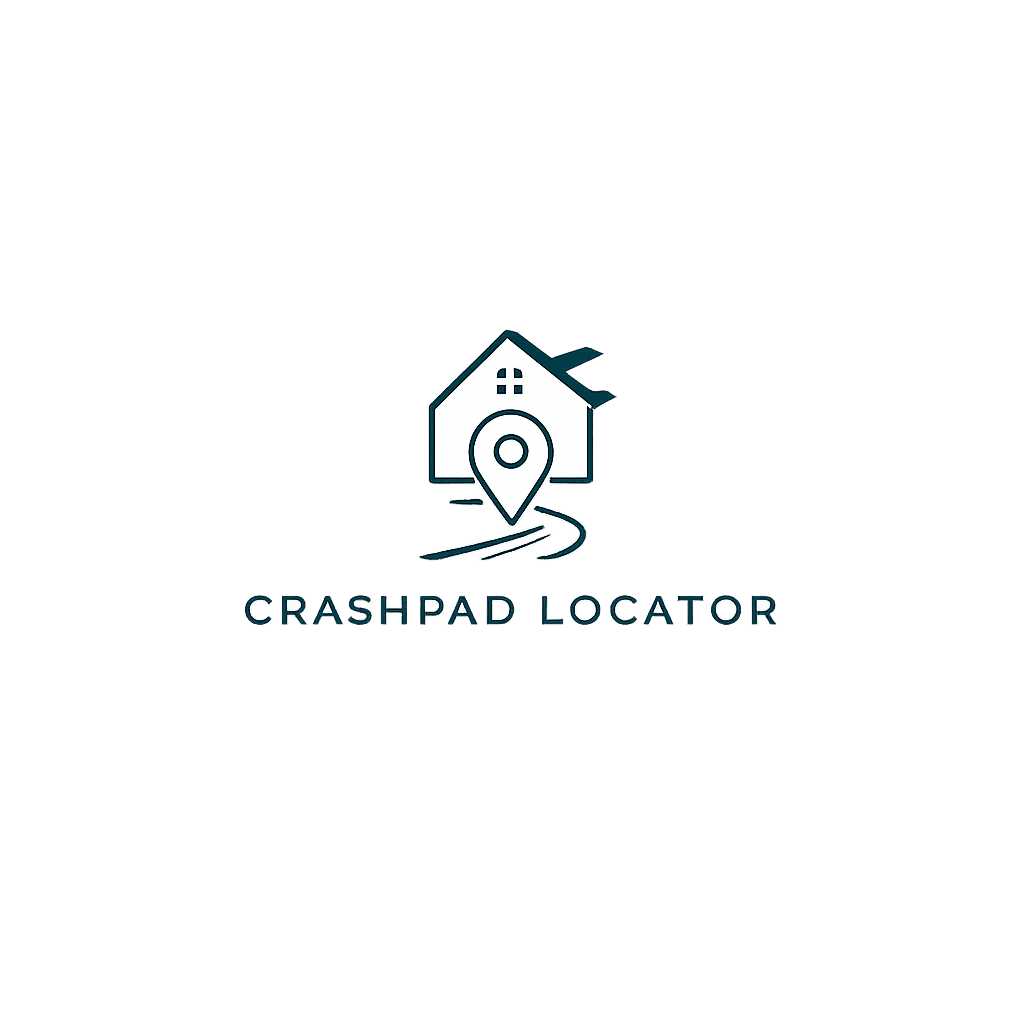 Logo with house and location pin, text reads 'CrashPad Locator', on black background.
