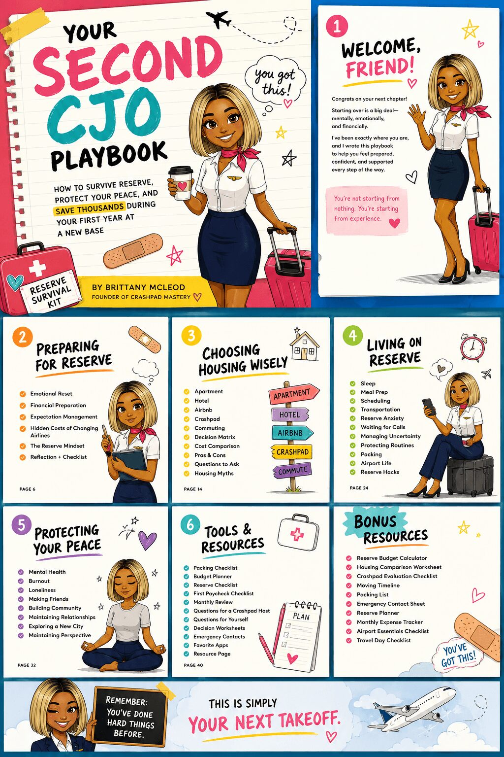 Four pages of a second-year CJ playbook with a girl in a white shirt and blue skirt, colorful text, and icons.