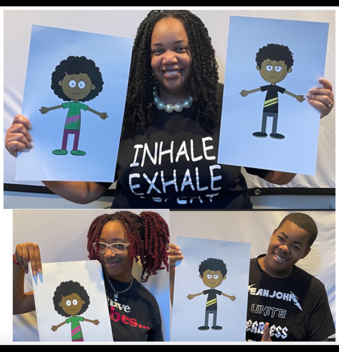 Three children holding drawings of cartoon characters, with a girl in the center wearing a pearl necklace and a shirt with text. Two children are on either side, one with glasses and red braids, the other smiling. The girl in the middle holds a sign with the words 'INHALE EXHALE'.