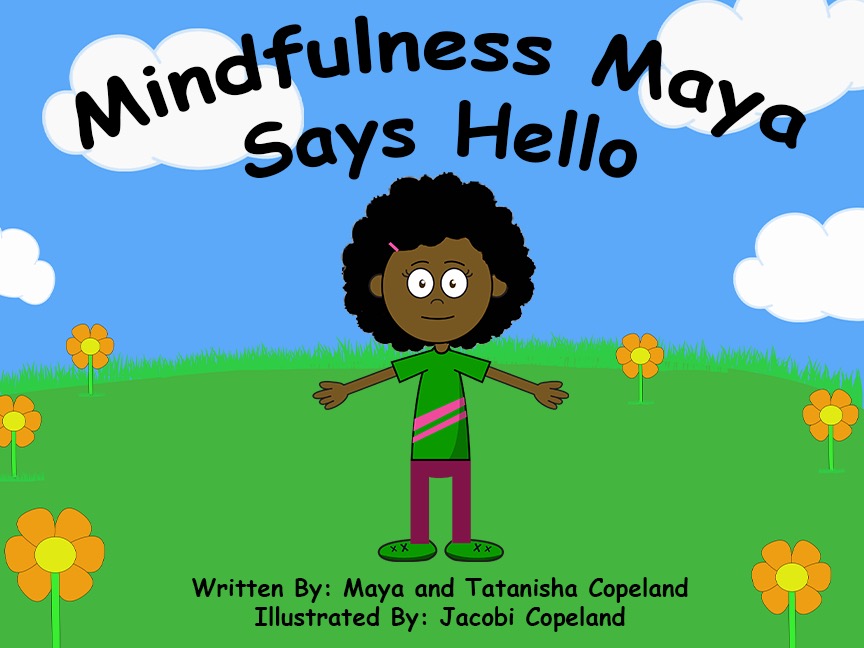 Cartoon girl with curly hair standing outdoors with flowers and clouds, smiling, under a blue sky, with text about mindfulness.