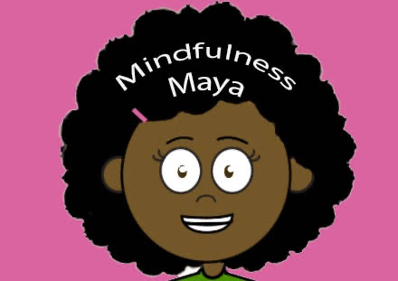 Cartoon girl with curly hair, smiling, with text 'Mindfulness Maya' above her head, pink background.