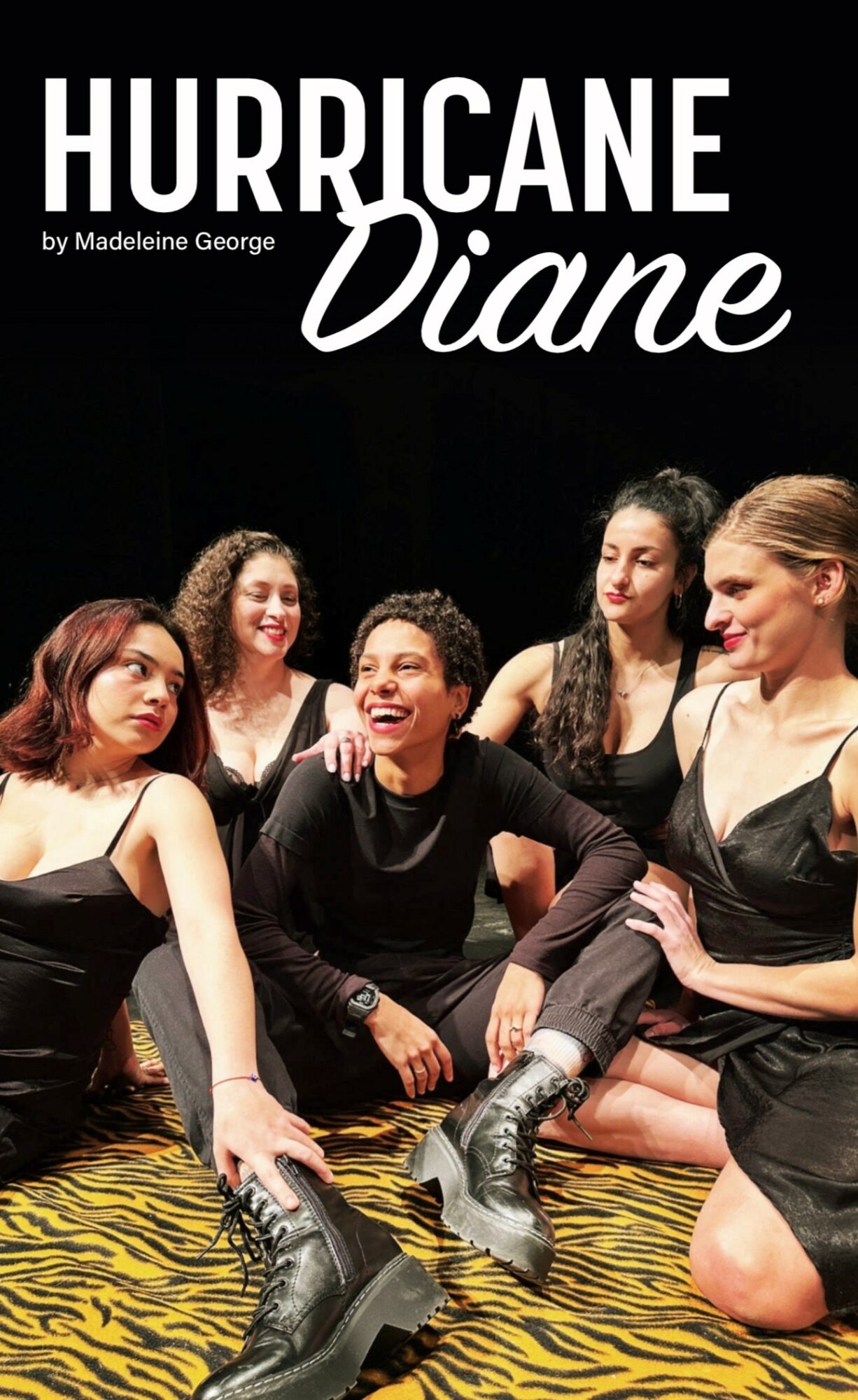 Five women sitting and smiling on a tiger-striped surface, with a black background and white text reading 'HURRICANE Diane'.