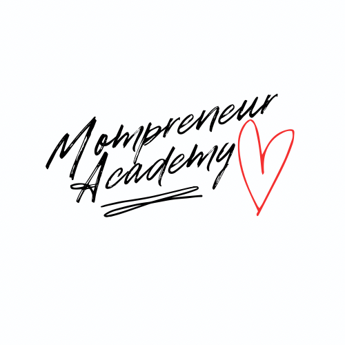 Text reads 'Mompreneur Academy' with a red heart symbol, on a white background.