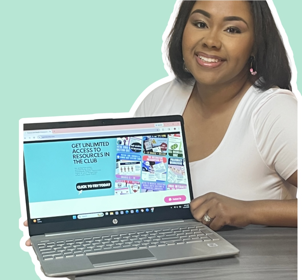Woman smiling at camera with laptop displaying a website, against a light green background.