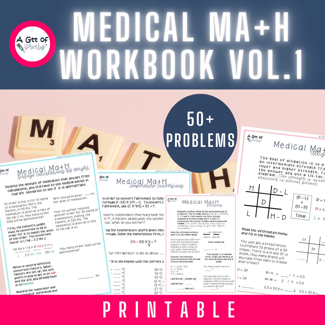 Cover of a medical workbook titled 'Medical MA+H Workbook Vol.1' with sample pages and a pink banner at the bottom.