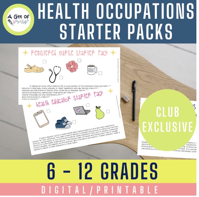 Health occupations starter packs for grades 6 to 12, includes nurse and health educator packs, on a desk with a pen and eraser.