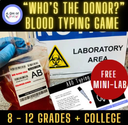 Blood typing game sign with lab samples, biohazard symbol, and promotional text for students and college. Word count: 20.