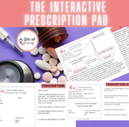 Prescription pads, pills, and a stethoscope on a pink background with text about an interactive prescription pad.