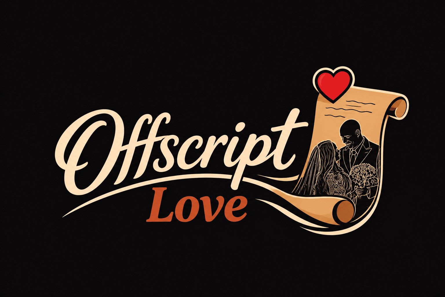 Stylized text reads 'Offscript Love' with a scroll and a silhouette of a person holding a flower, a heart above.