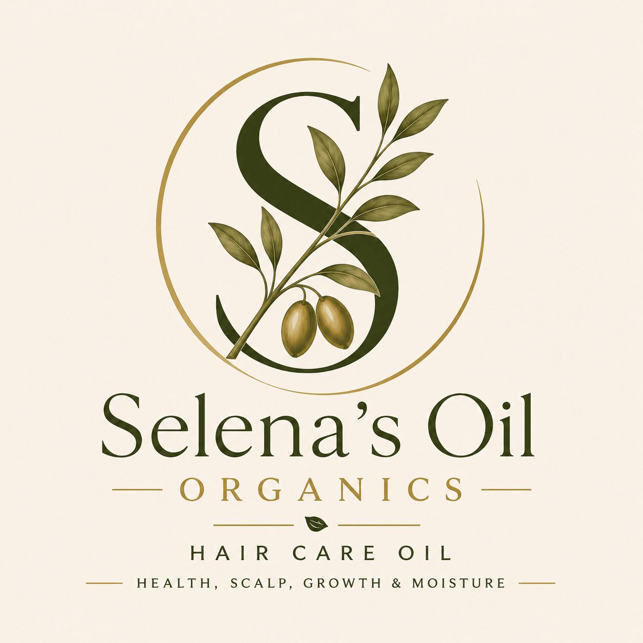 Logo with a stylized letter S, olive branch, and olives, with text 'Selena's Oil Organics' and product description.