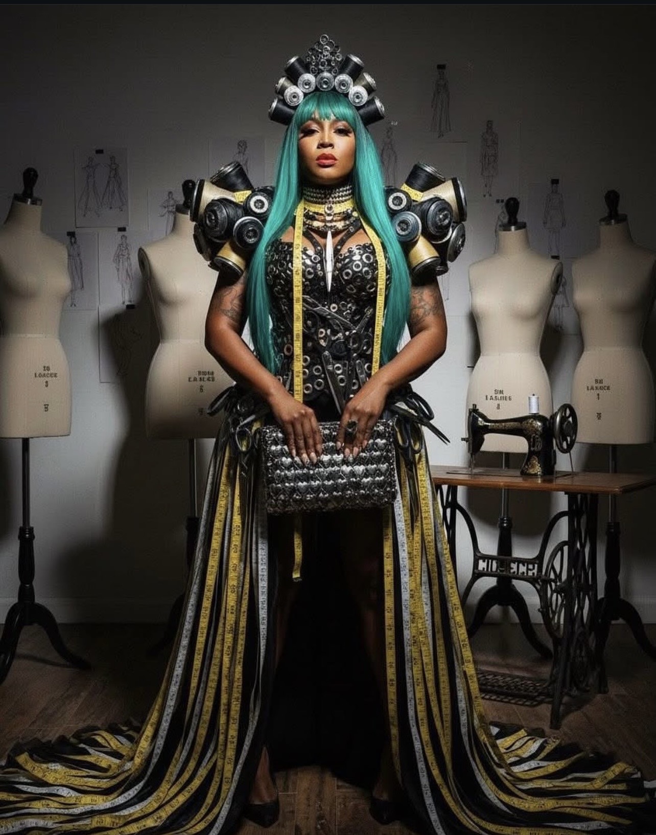Person with vibrant teal hair, elaborate costume, and large shoulder accessories, standing in front of dress forms in a studio.