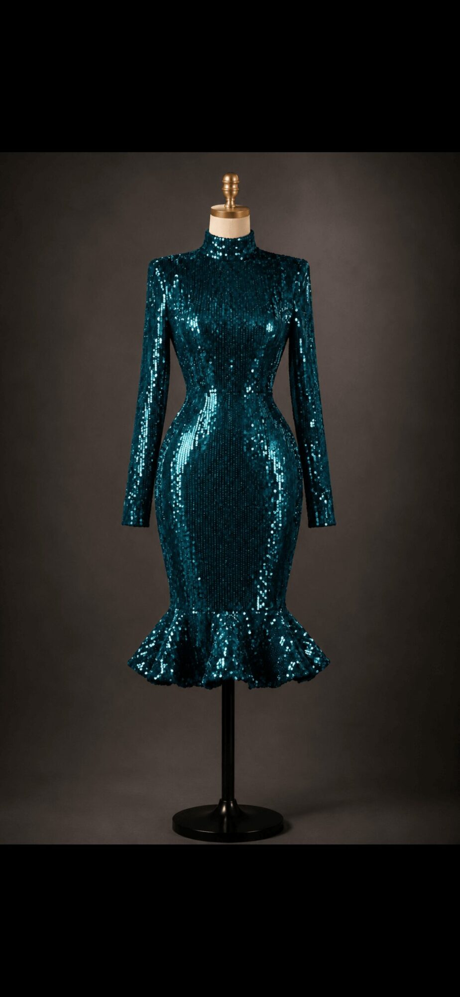 Sequin dress with long sleeves and ruffled hem displayed on a mannequin against a dark background.