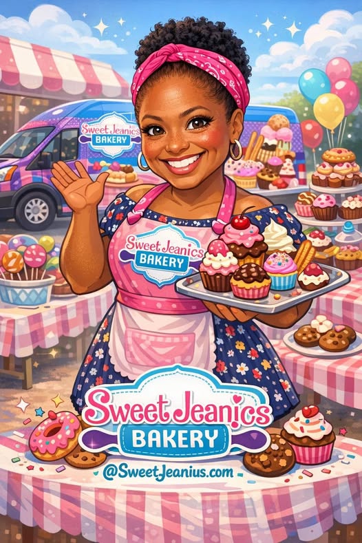 Smiling girl with a pink headband and apron at bakery stand with cupcakes and treats outdoors.