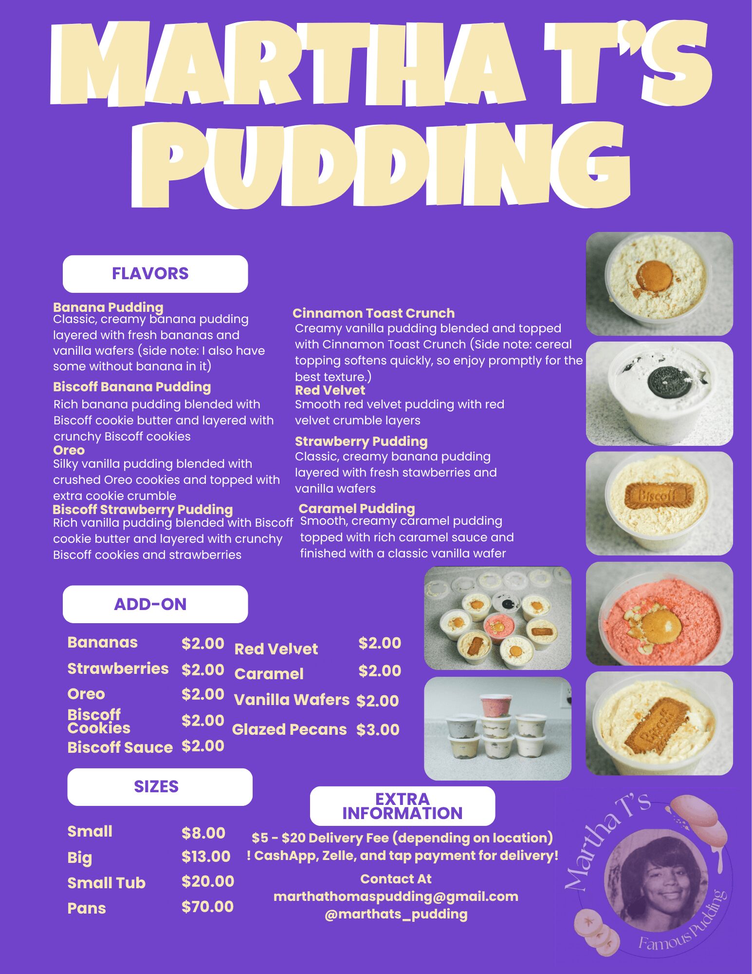 Menu for Martha T's Pudding with flavors, add-ons, sizes, and extra information, featuring a purple background and images of puddings.