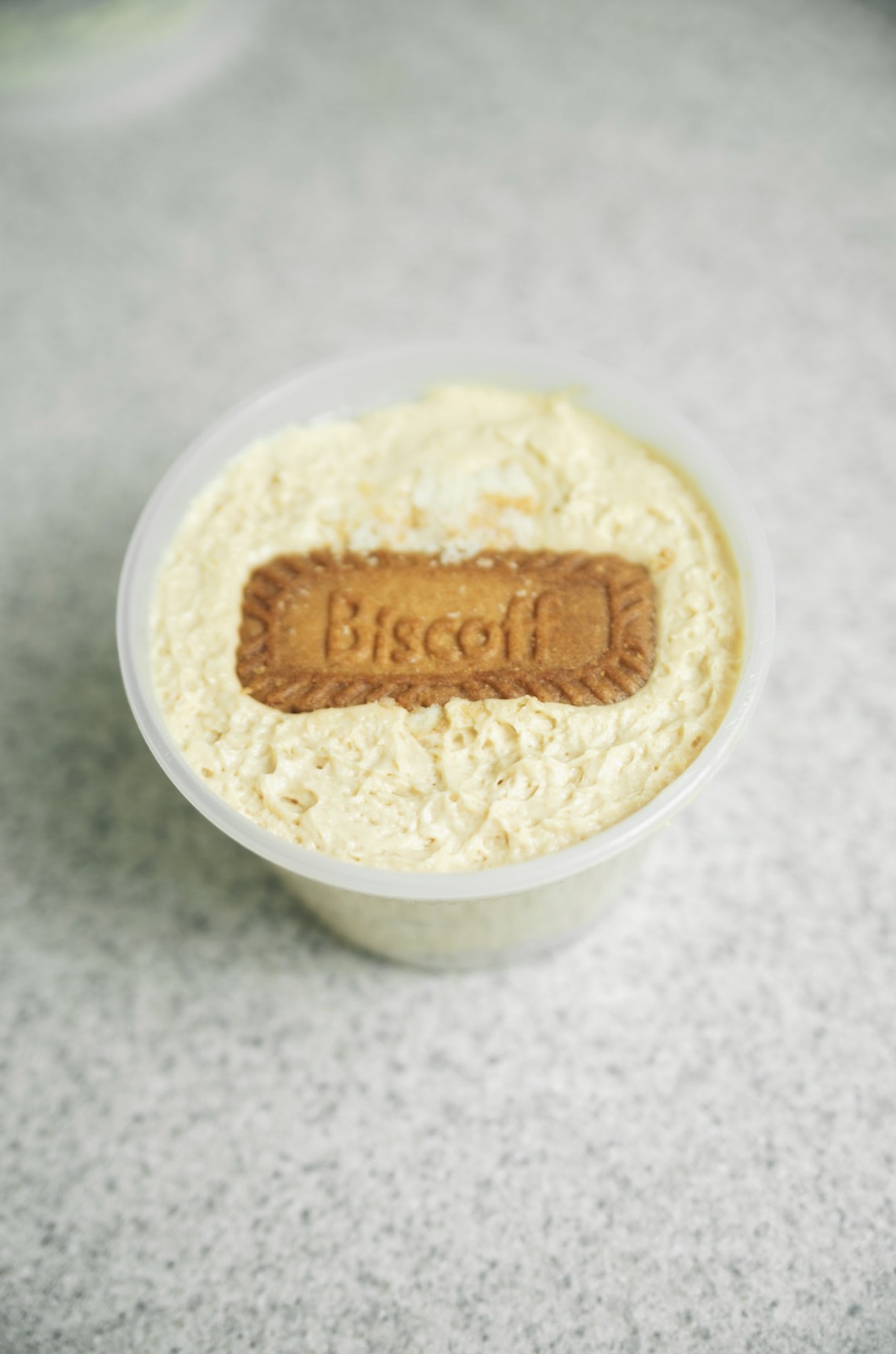 Container of vanilla ice cream topped with a biscuit labeled 'Biscotti' on a gray surface.